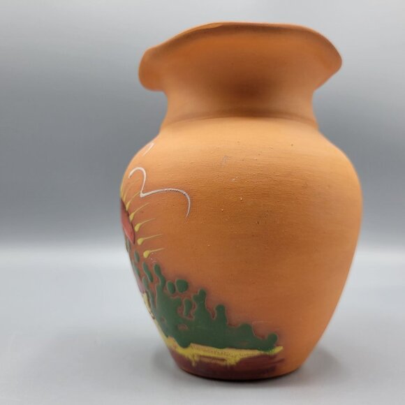 Vintage Hand Painted Terracotta Vase Scenic Design Flared Rim Signed Punta Cana - Picture 8 of 13